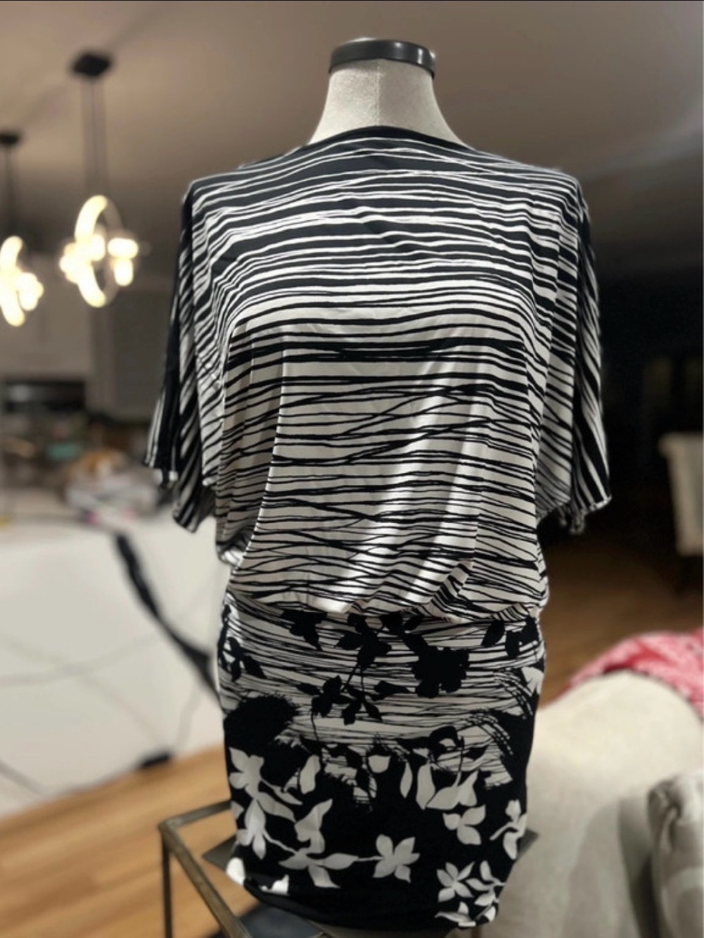 BCBGMaxAzria Black and White Striped Floral Waist-Detail Tunic